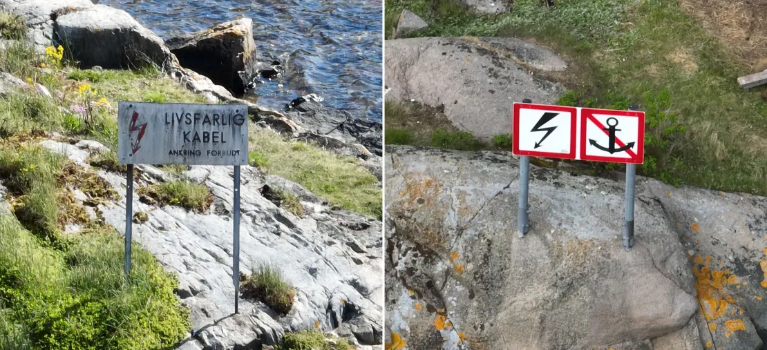 Fra gamle til nye: Snart skal alle farvannsskilt få samme mal. Til venstre ser du et gammelt skilt som skal byttes, mens du til høyre kan se hvordan skiltene skal se ut. Gamle og nye farvannsskilt